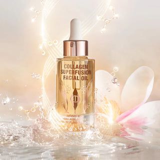Aceite facial reafirmante y voluminizador con superfusión de colágeno - Charlotte Tilbury vista frontal con fondo blanco.
