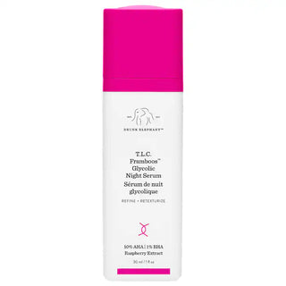 Suero nocturno rejuvenecedor Glicólico T.L.C. Framboos™ - Drunk Elephant vista frontal con fondo blanco.