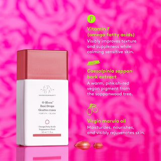 Rubor líquido O-Bloos™ Rosi Glow Drops con Vitamin F- Drunk Elephant vista frontal con fondo blanco.