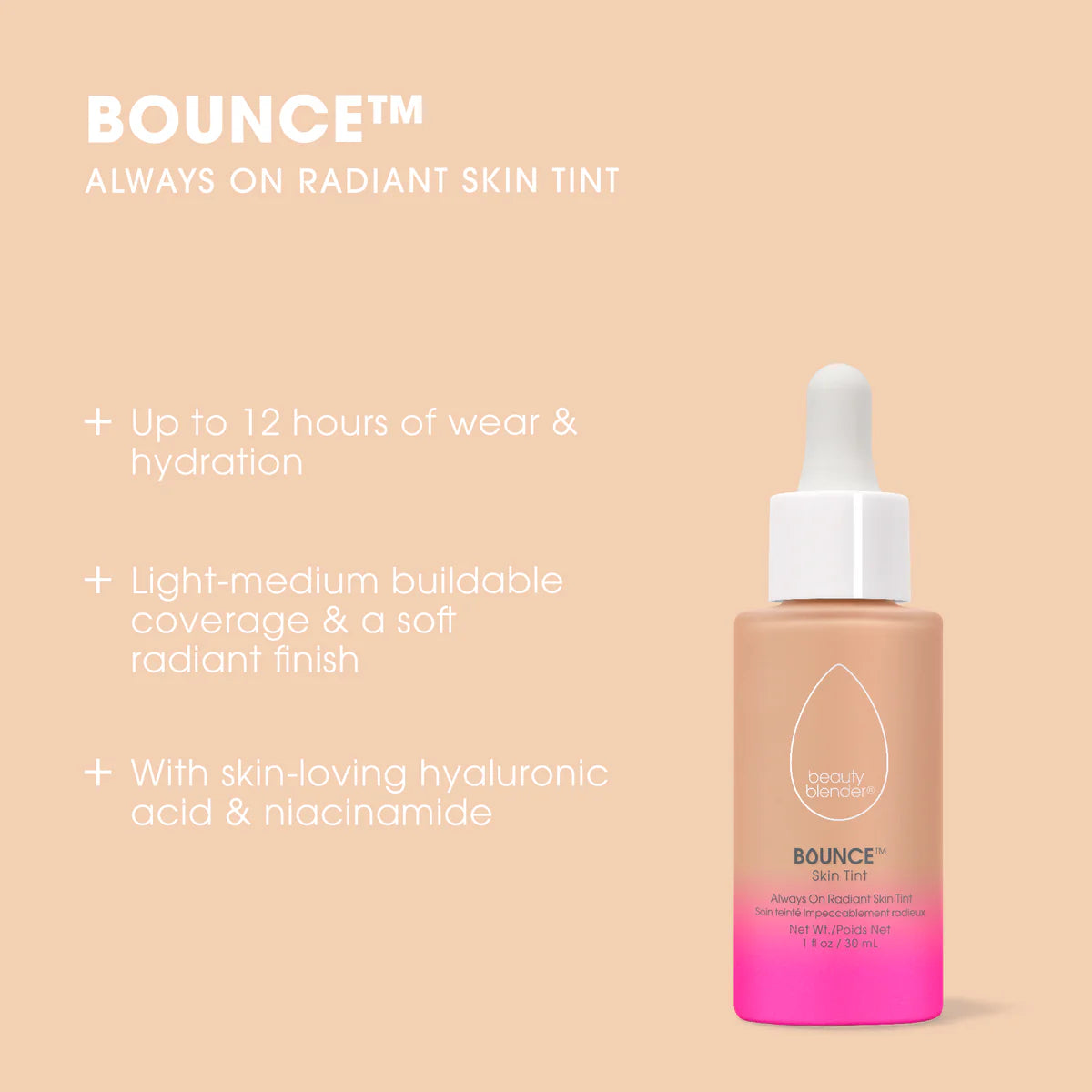 Serum con color Bounce™ 12-Hour Always On Radiant Skin Tint - Beautyblender vista frontal con fondo blanco.