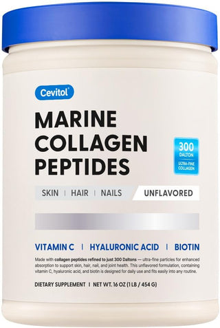 Marine Collagen Peptides con Ácido hialurónico, Biotina, Vitamina C: para piel, cabello, uñas, articulaciones - Cevitol