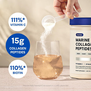 Marine Collagen Peptides con Ácido hialurónico, Biotina, Vitamina C: para piel, cabello, uñas, articulaciones - Cevitol