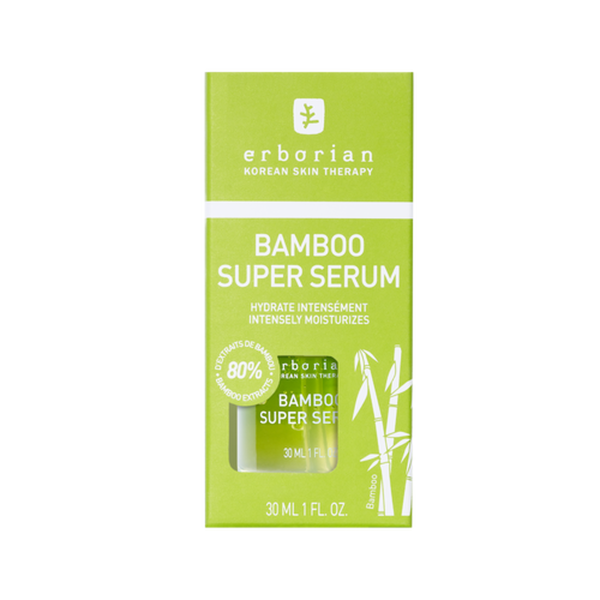 Sérum facial hidratante con ácido hialurónico Bamboo Super Serum - Erborian vista frontal con fondo blanco.