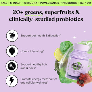 Gomitas Greens Superfood 20+ vegetales verdes y superfrutas orgánicos; probióticos; vitaminas D3 y B12 - Lemme