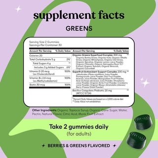 Gomitas Greens Superfood 20+ vegetales verdes y superfrutas orgánicos; probióticos; vitaminas D3 y B12 - Lemme