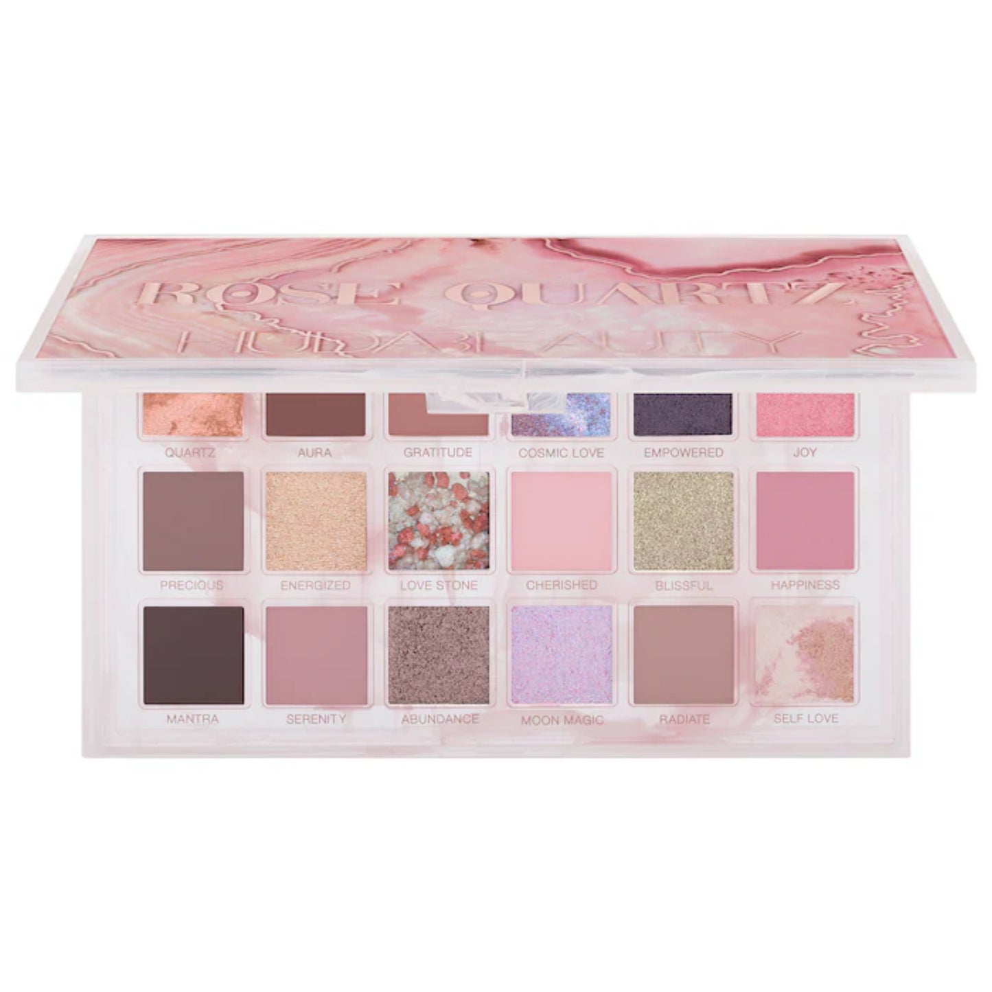 Paleta de Sombras de Ojos Rose Quartz - Huda Beauty vista frontal con fondo blanco.