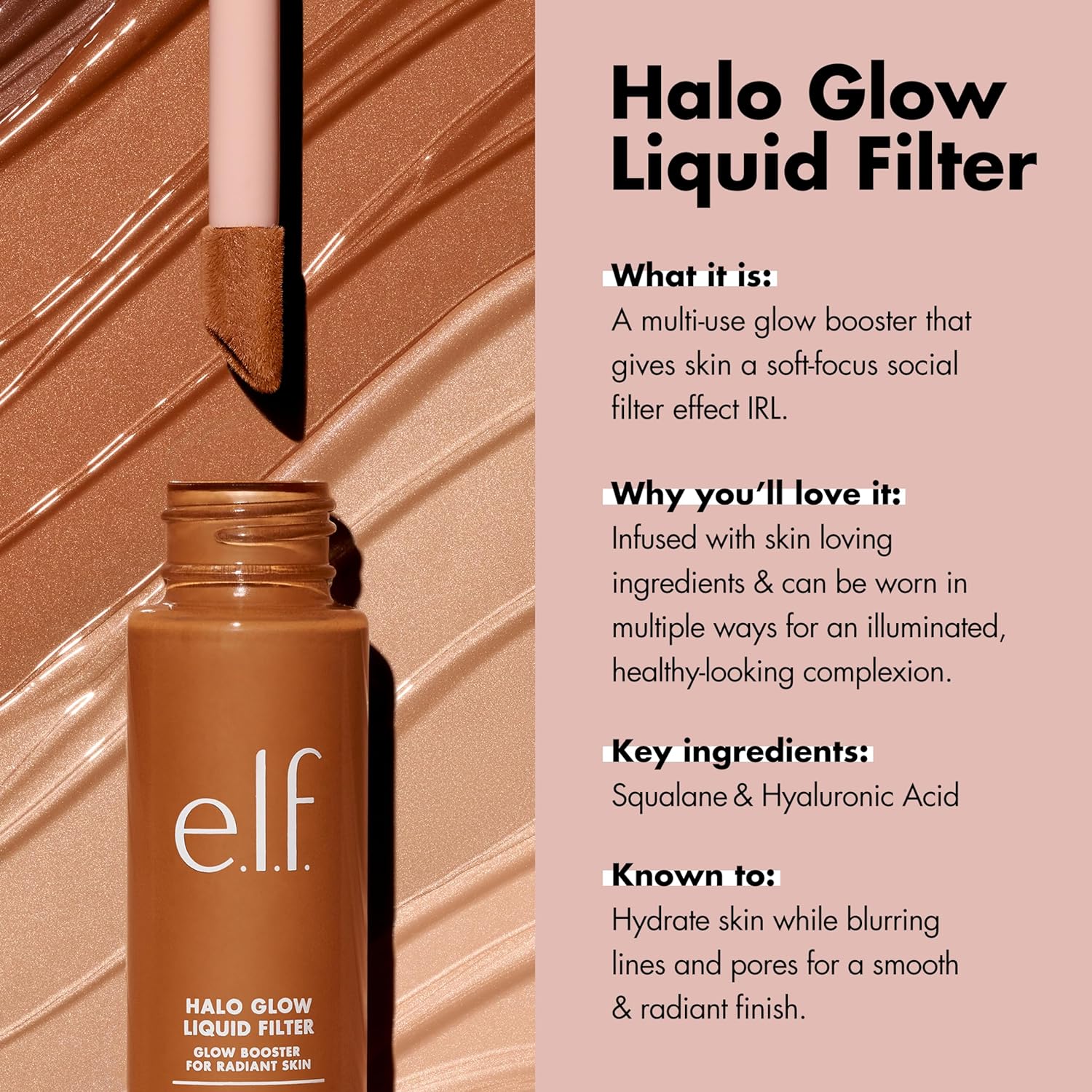 Base de maquillaje ultra ligera Halo Glow Liquid Filter - elf Cosmetics vista frontal con fondo blanco.