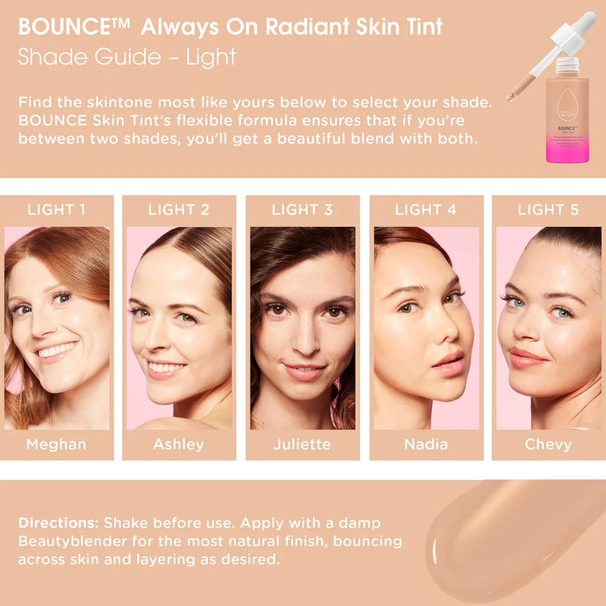 Serum con color Bounce™ 12-Hour Always On Radiant Skin Tint - Beautyblender vista frontal con fondo blanco.