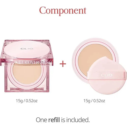 Base de Maquillaje Kill Cover Mesh Glow Cushion Set - CLIO vista frontal con fondo blanco.