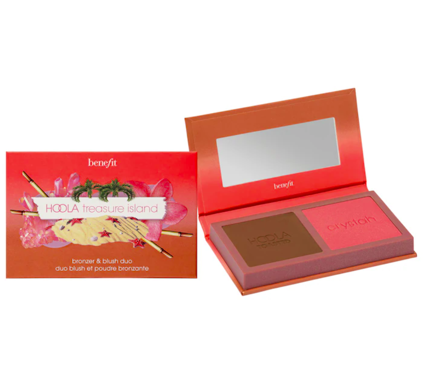 Paleta mini duo Rubor + Bronzer Hoola & WANDERful World - Benefit Cosmetics vista frontal con fondo blanco.