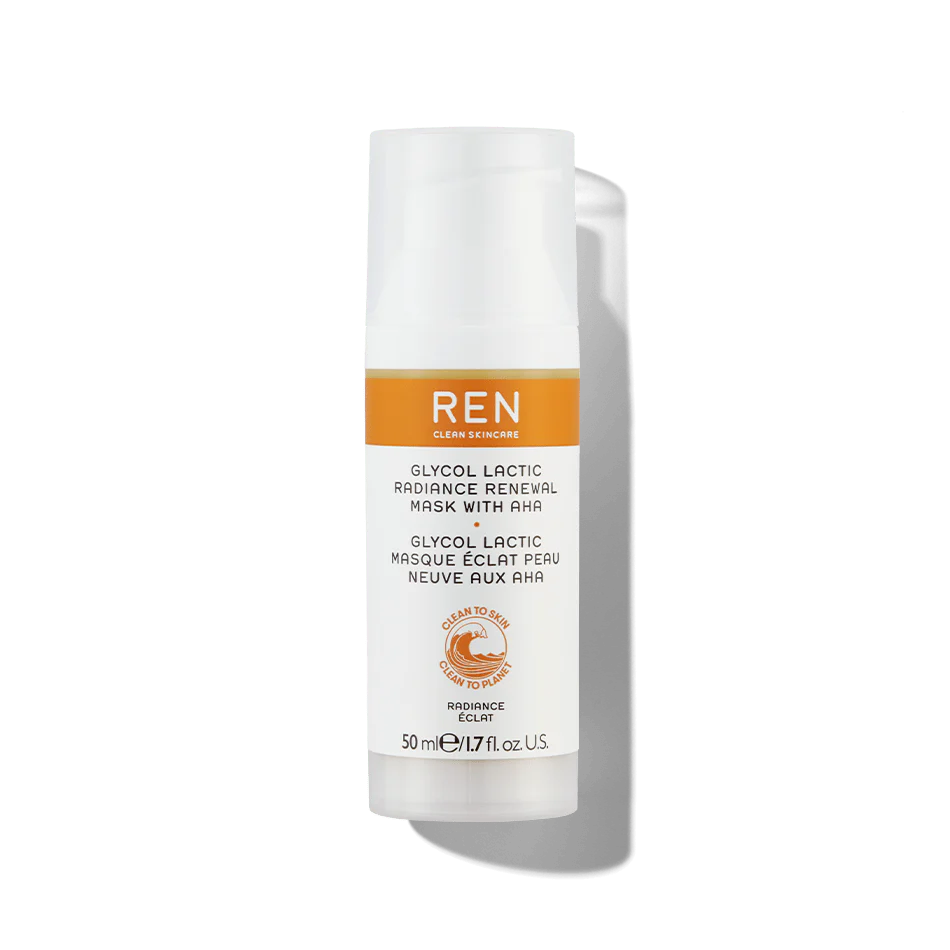 Mascarilla exfoliante Glycol Lactic Radiance Renewal Mask with AHA™ - REN vista frontal con fondo blanco.