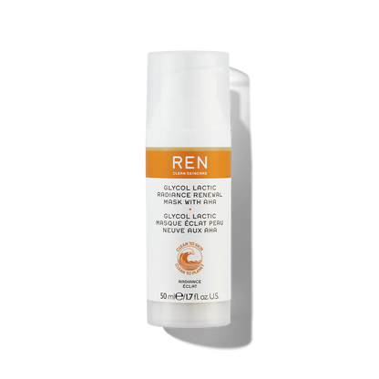 Mascarilla exfoliante Glycol Lactic Radiance Renewal Mask with AHA™ - REN vista frontal con fondo blanco.