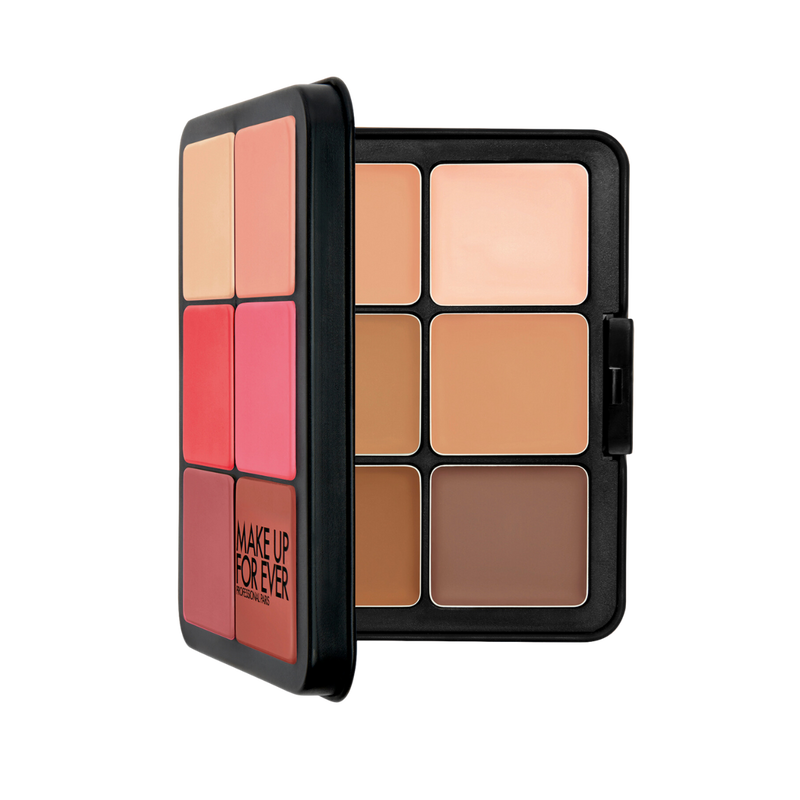 Paleta HD SKIN FACE ESSENTIALS PALETTE 4 en 1 (base + contorno + iluminador + rubor en crema) - MAKE UP FOR EVER vista frontal con fondo blanco.