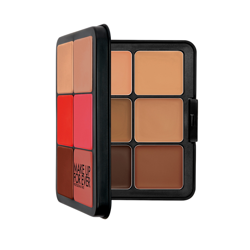 Paleta HD SKIN FACE ESSENTIALS PALETTE 4 en 1 (base + contorno + iluminador + rubor en crema) - MAKE UP FOR EVER vista frontal con fondo blanco.