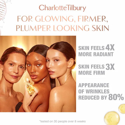 Aceite facial reafirmante y voluminizador con superfusión de colágeno - Charlotte Tilbury vista frontal con fondo blanco.