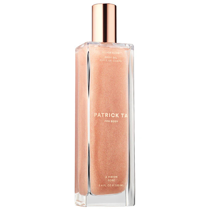 Major Glow Body Oil - PATRICK TA vista frontal con fondo blanco.