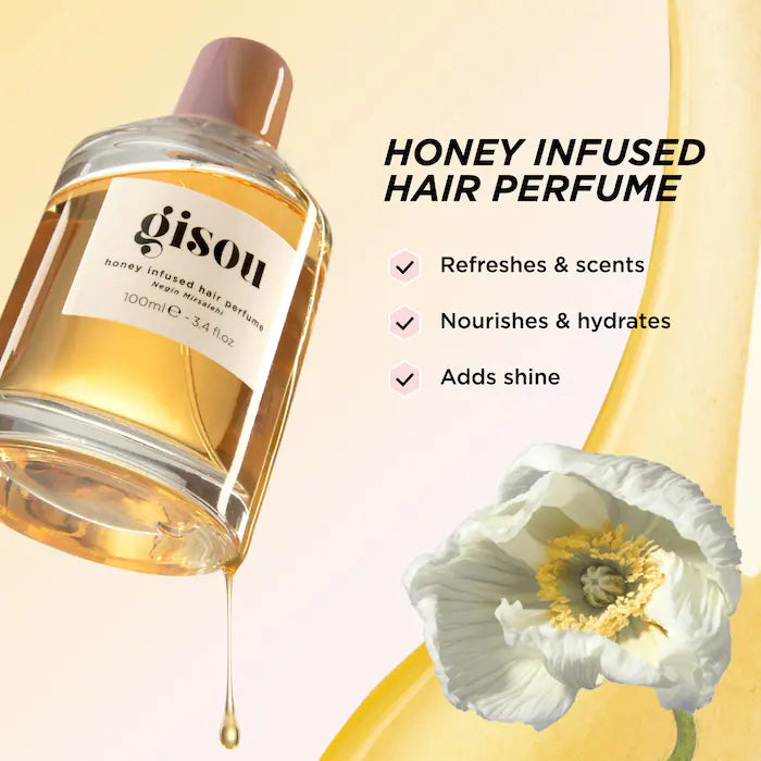 Perfume para Cabello Honey Infused - Gisou vista frontal con fondo blanco.