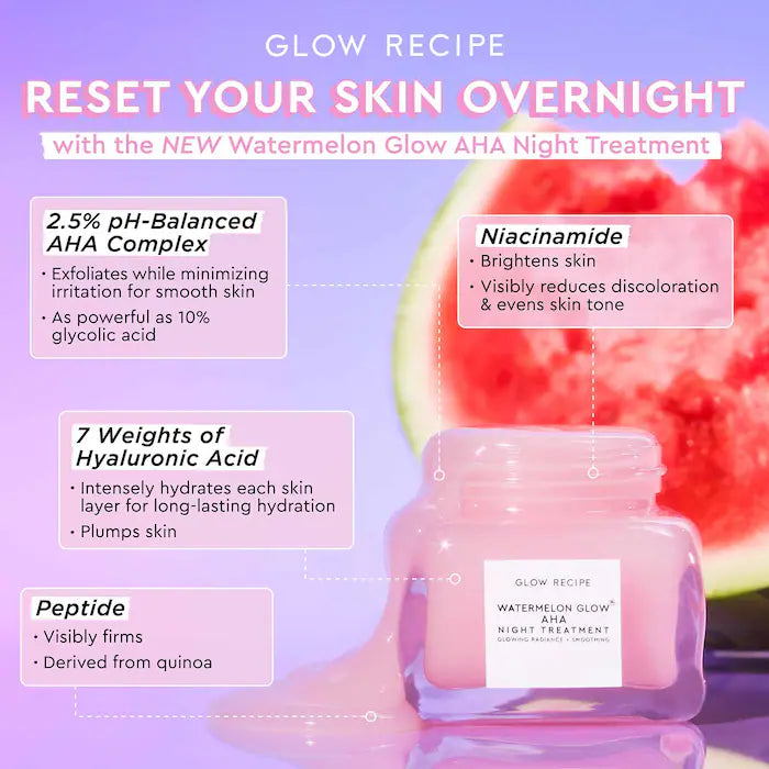 Watermelon Glow™ Mascarilla facial AHA Tratamiento nocturno - Glow Recipe vista frontal con fondo blanco.