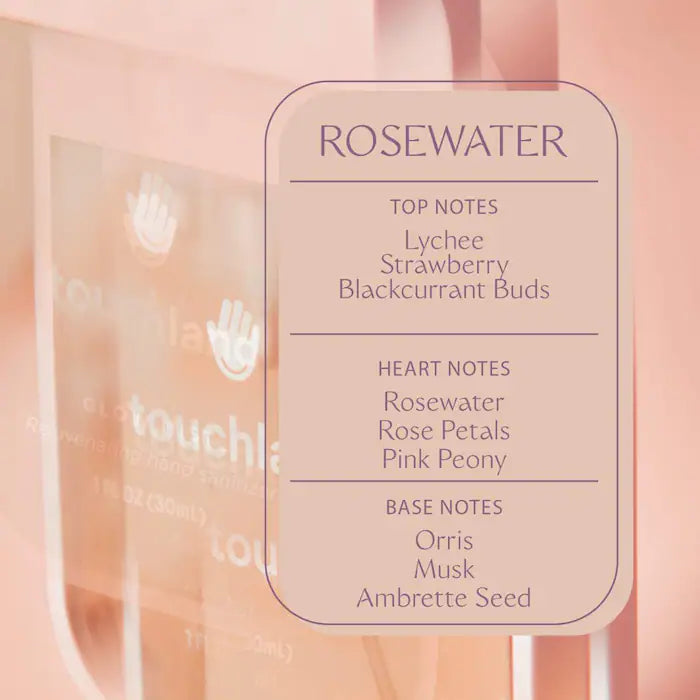 Sanitizante de Manos con Agua de Rosas Glow Mist Revitalizing - Touchland vista frontal con fondo blanco.