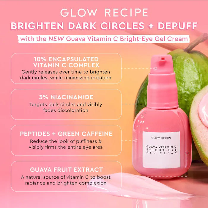 Crema en gel para contorno de ojos iluminadora Guava Vitamin C Bright-Eye Gel Cream™ - Glow Recipe vista frontal con fondo blanco.