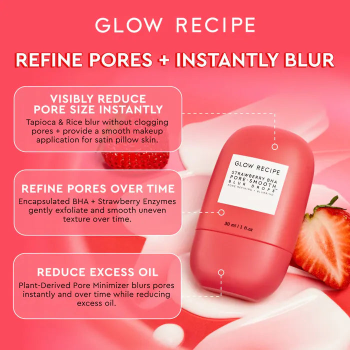 Gotas difuminadoras de poros Strawberry BHA Pore-Smooth Blur Drops™ - Glow Recipe vista frontal con fondo blanco.