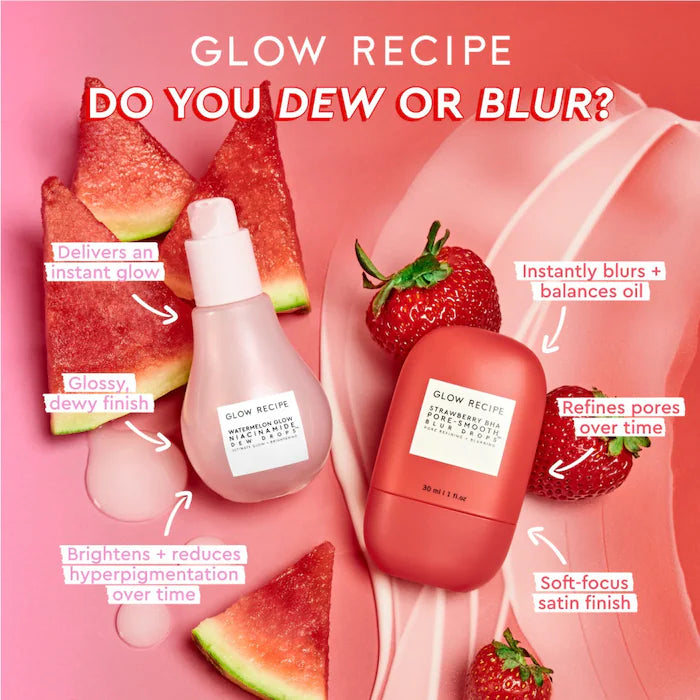 Gotas difuminadoras de poros Strawberry BHA Pore-Smooth Blur Drops™ - Glow Recipe vista frontal con fondo blanco.