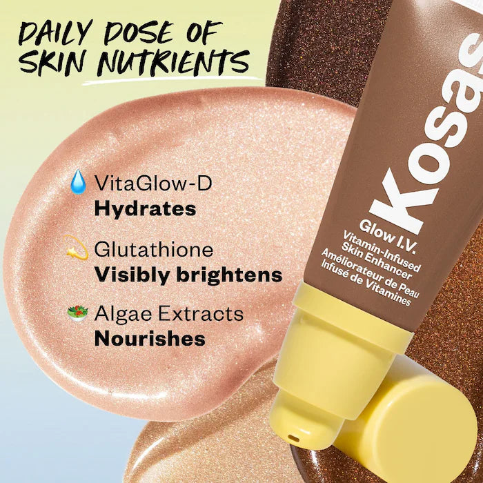 Iluminador Glow I.V. Vitamin-Infused - Kosas vista frontal con fondo blanco.