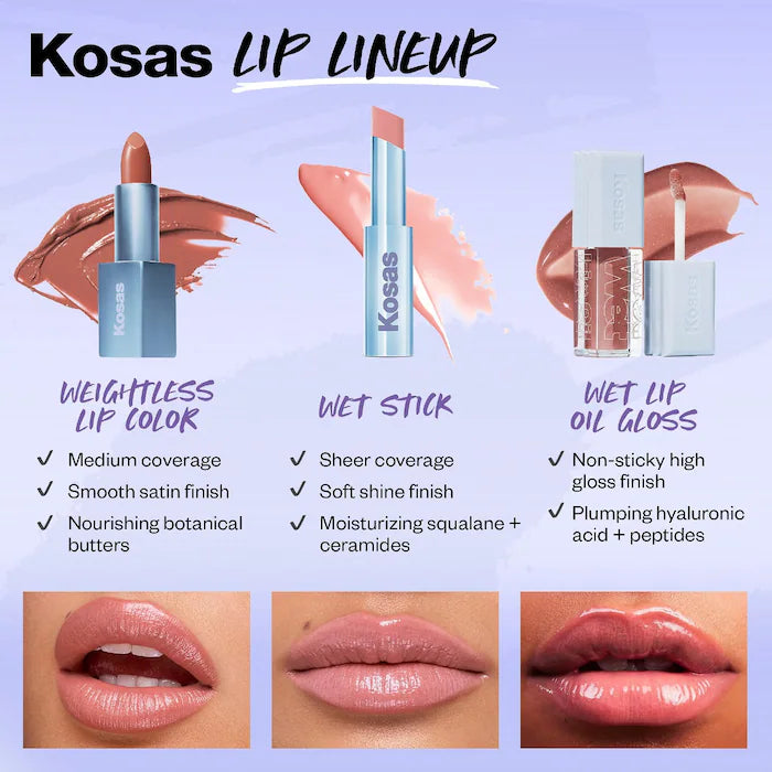 Labial brillante hidratante Wet Stick™ con ceramidas - Kosas vista frontal con fondo blanco.