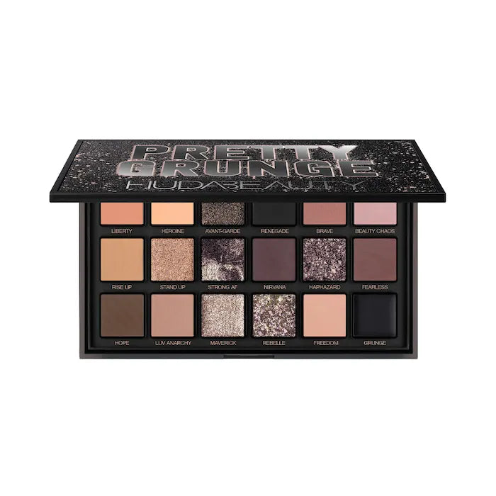 Paleta de Sombras de Ojos Pretty Grunge Ed. Limitada - Huda Beauty vista frontal con fondo blanco.