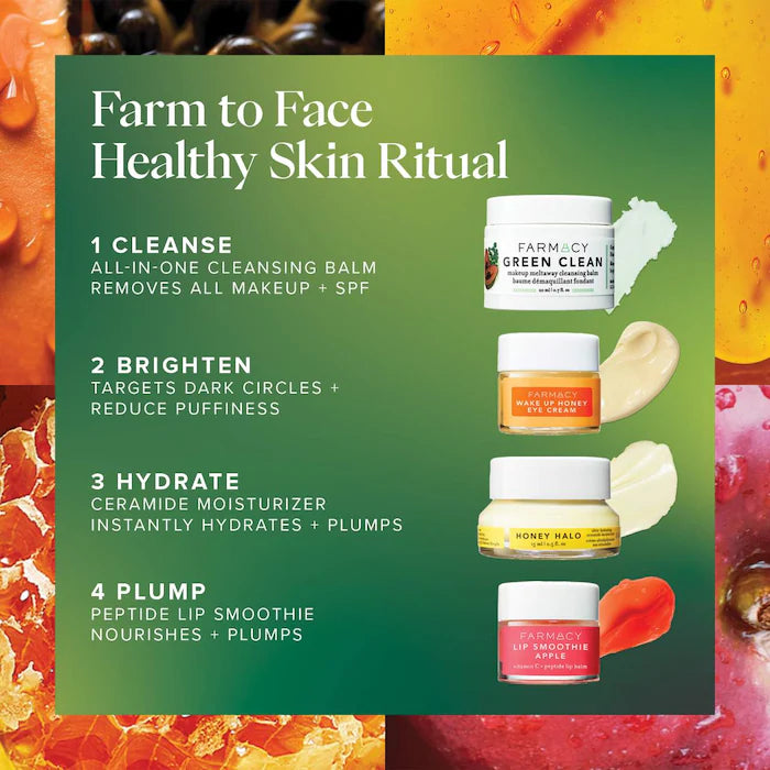 Set Skincare Limpieza + Hidratación Farm to Face Favorites - Farmacy vista frontal con fondo blanco.