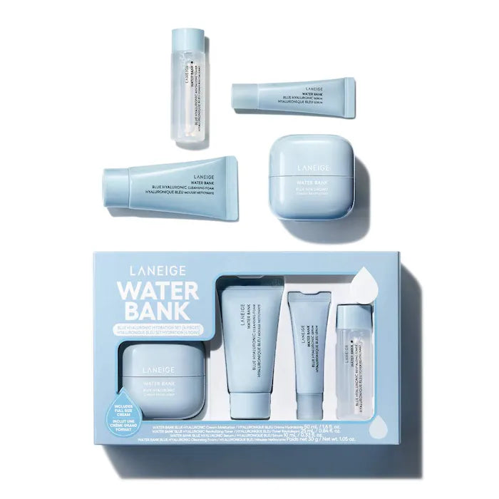 Set Skincare Limpieza + Hidratación Water Bank Blue Hyaluronic - LANEIGE vista frontal con fondo blanco.