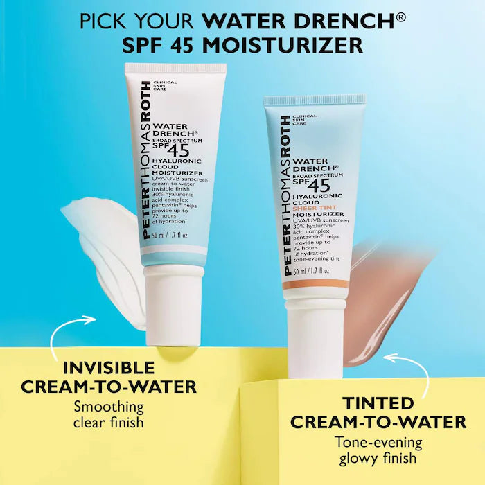 Protector solar hidratante con color +SPF 45 Water Drench® Hyaluronic Cloud Sheer Tint - Peter Thomas Roth vista frontal con fondo blanco.