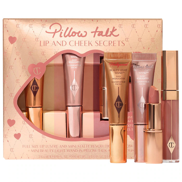 Set Lip + Cheek Rubor Pillow Talk Secrets Set - Charlotte Tilbury vista frontal con fondo blanco.