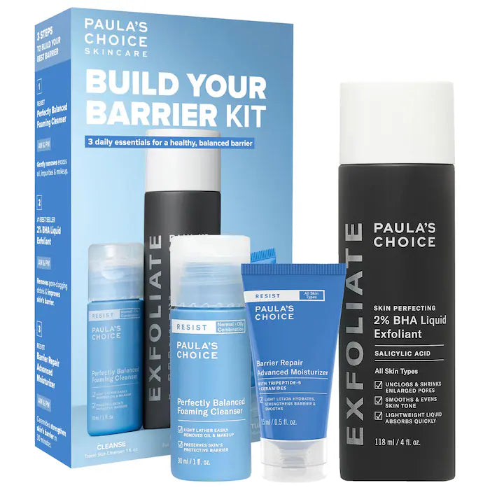 Set Skincare Limpieza + Hidratación Build Your Barrier Kit with 2% BHA - Paula's Choice vista frontal con fondo blanco.