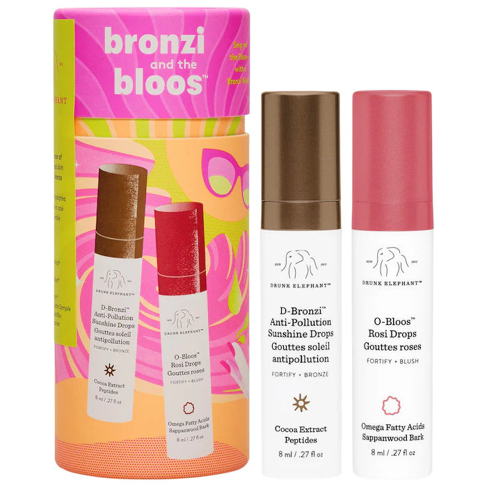 Set Rubor + Bronzer Bronzi and the Bloos Color Serum Duo - Drunk Elephant vista frontal con fondo blanco.