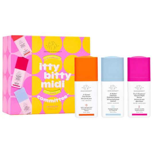 Set Skincare Hidratante Itty Bitty Midi Committee Serum Trio™ - Drunk Elephant vista frontal con fondo blanco.