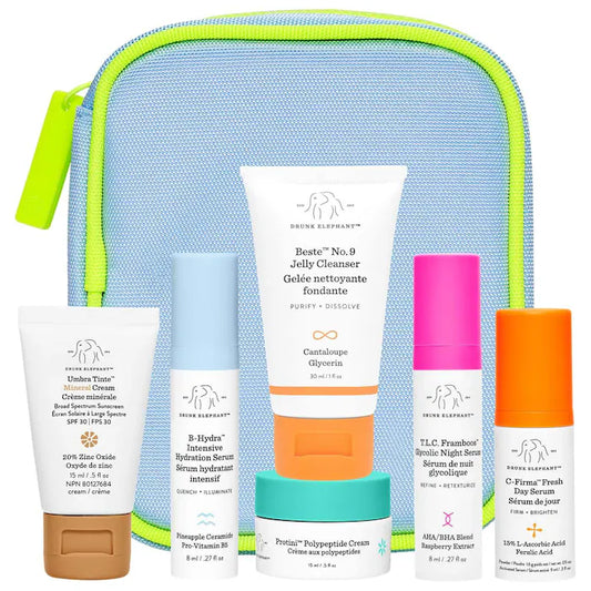 Set Skincare Limpieza + Hidratación The Littles™ Travel - Drunk Elephant vista frontal con fondo blanco.