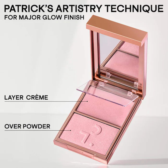 Iluminador Duo Major Glow Crème & Powder Light Reflecting - PATRICK TA vista frontal con fondo blanco.