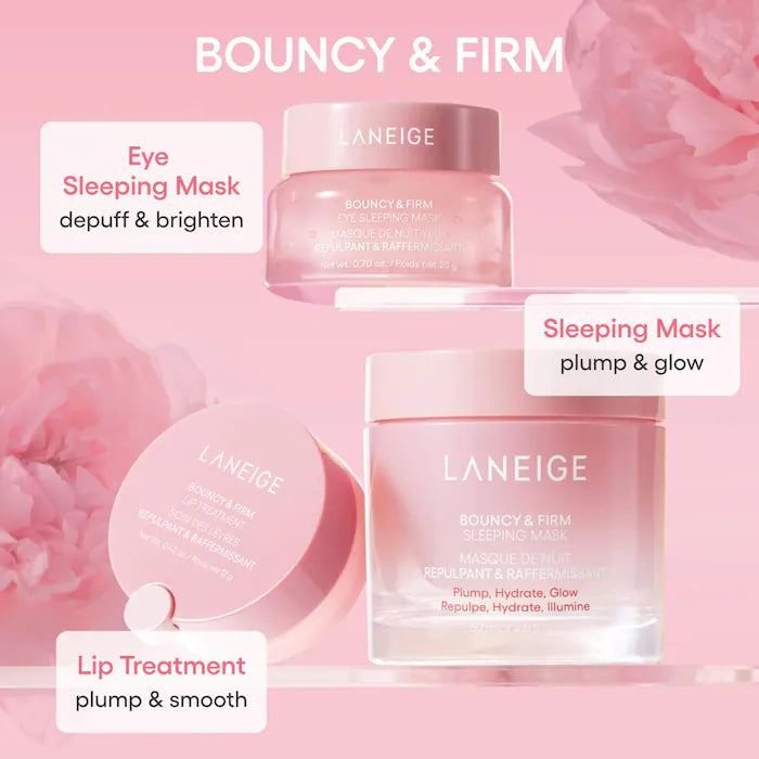 Set Skincare hidratante y reafirmante Plump Firm & Glow Set - LANEIGE vista frontal con fondo blanco.